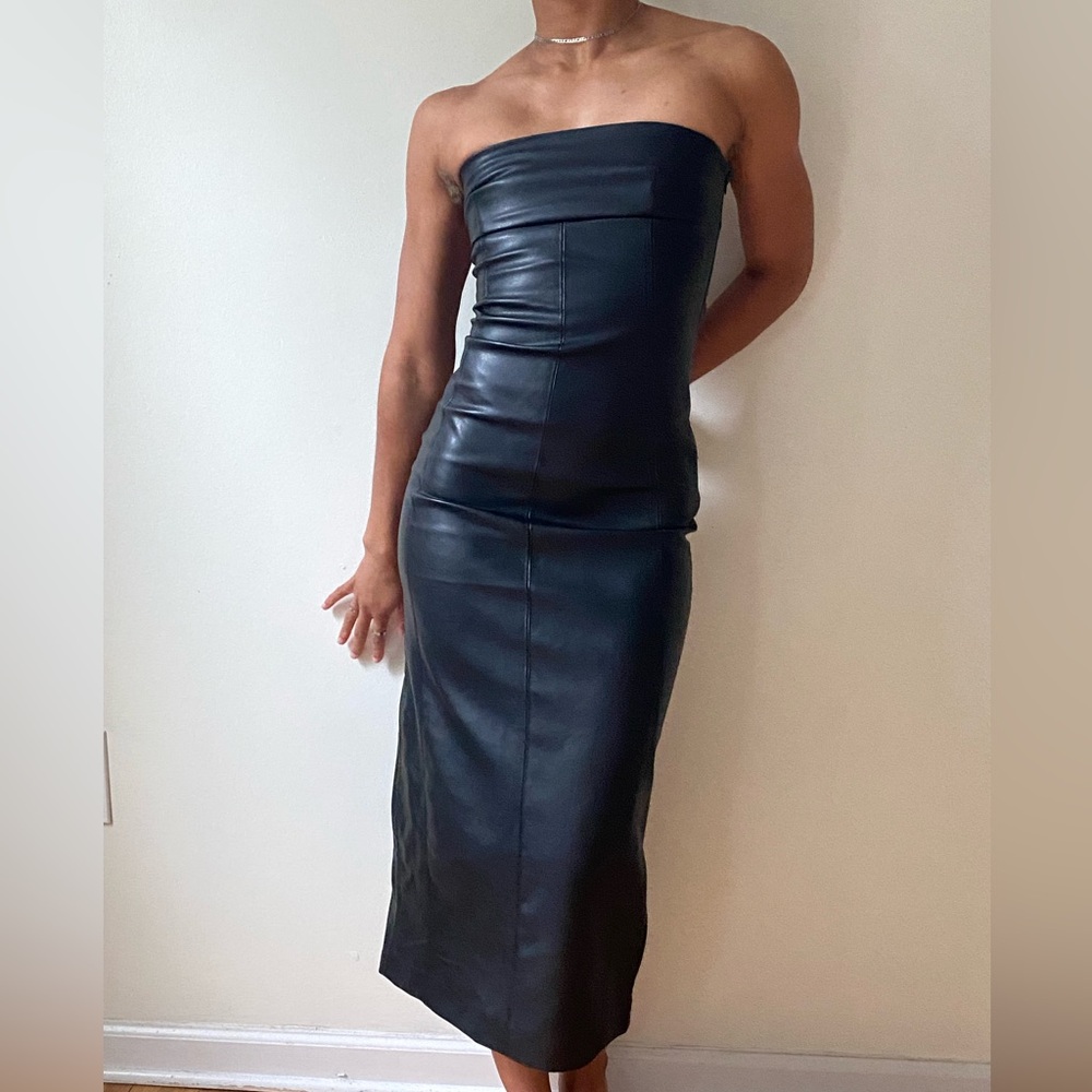 Sexy Black Leather Midi Dress Y2K 90s